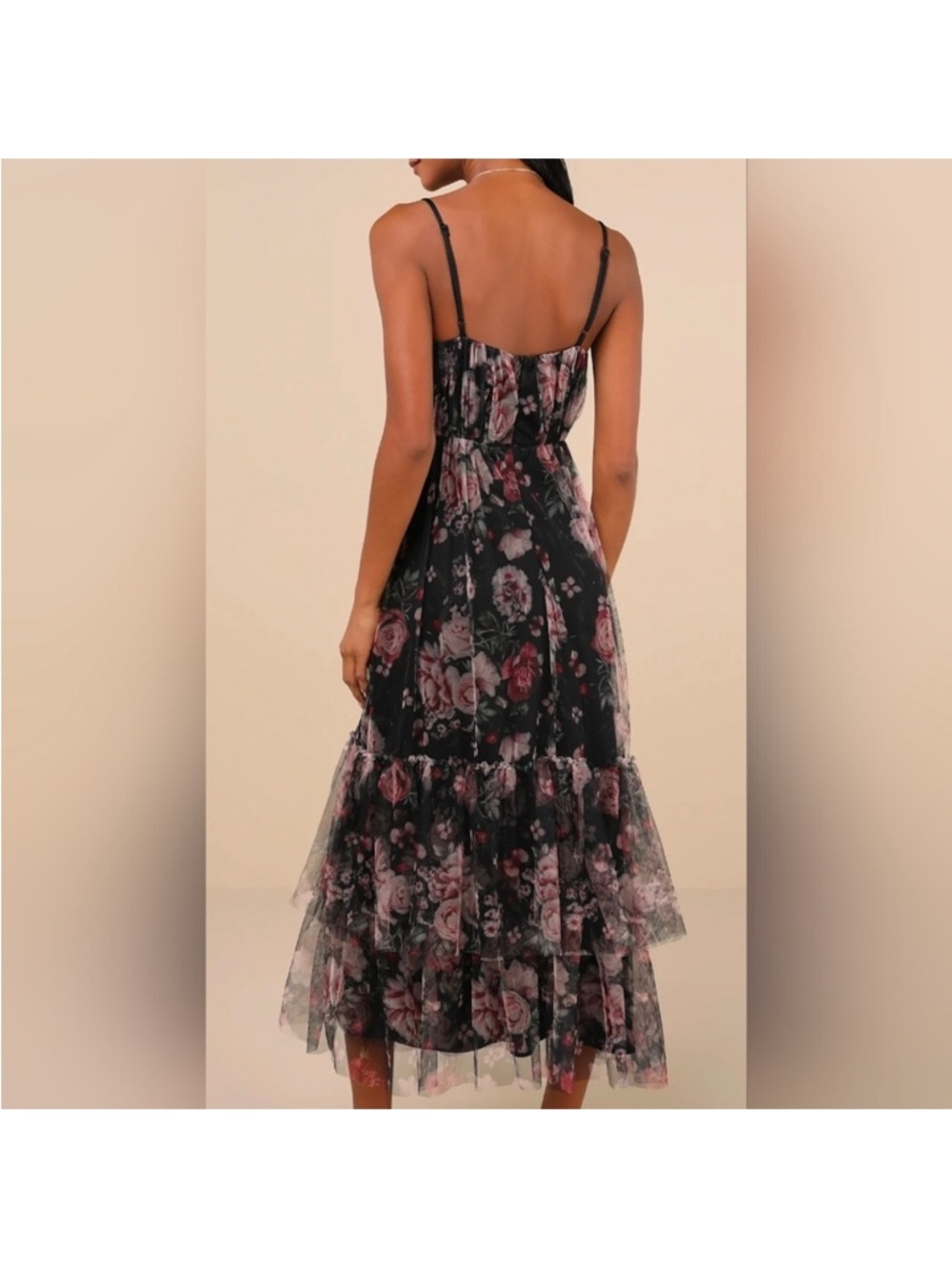 Lulu's Black Floral Tiered Mesh Maxi Dress with Pink Roses - Picture 2 of 15